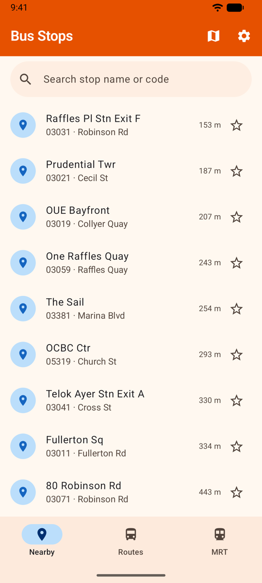 Nearby bus stops around Raffles Place, each with its stop code, road name and distance away